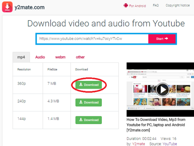 Tải Video YouTube Bằng Y2mate.com